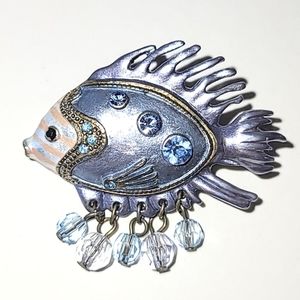 ENAMEL FISH PIN BROOCH - BLUE RHINESTONES & CRYSTALS